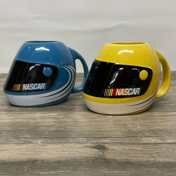 NASCAR Helmet Mug Set 2003 Sherwood Brands Blue Yellow Racing Coffee Cups - Picture 4 of 4